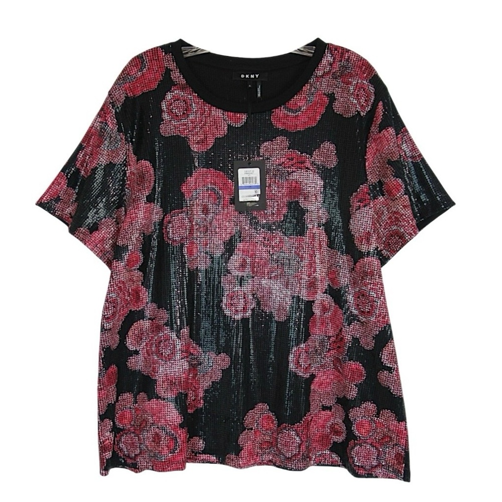 DKNY Black Pink Floral Print Sequin Tee Shirt Top Women's Size XL New With Tags